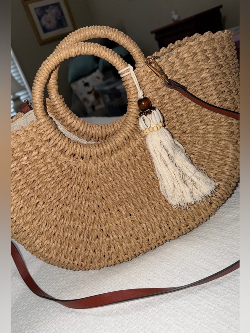 Woven Straw Tote with Tassel Accent - Natural